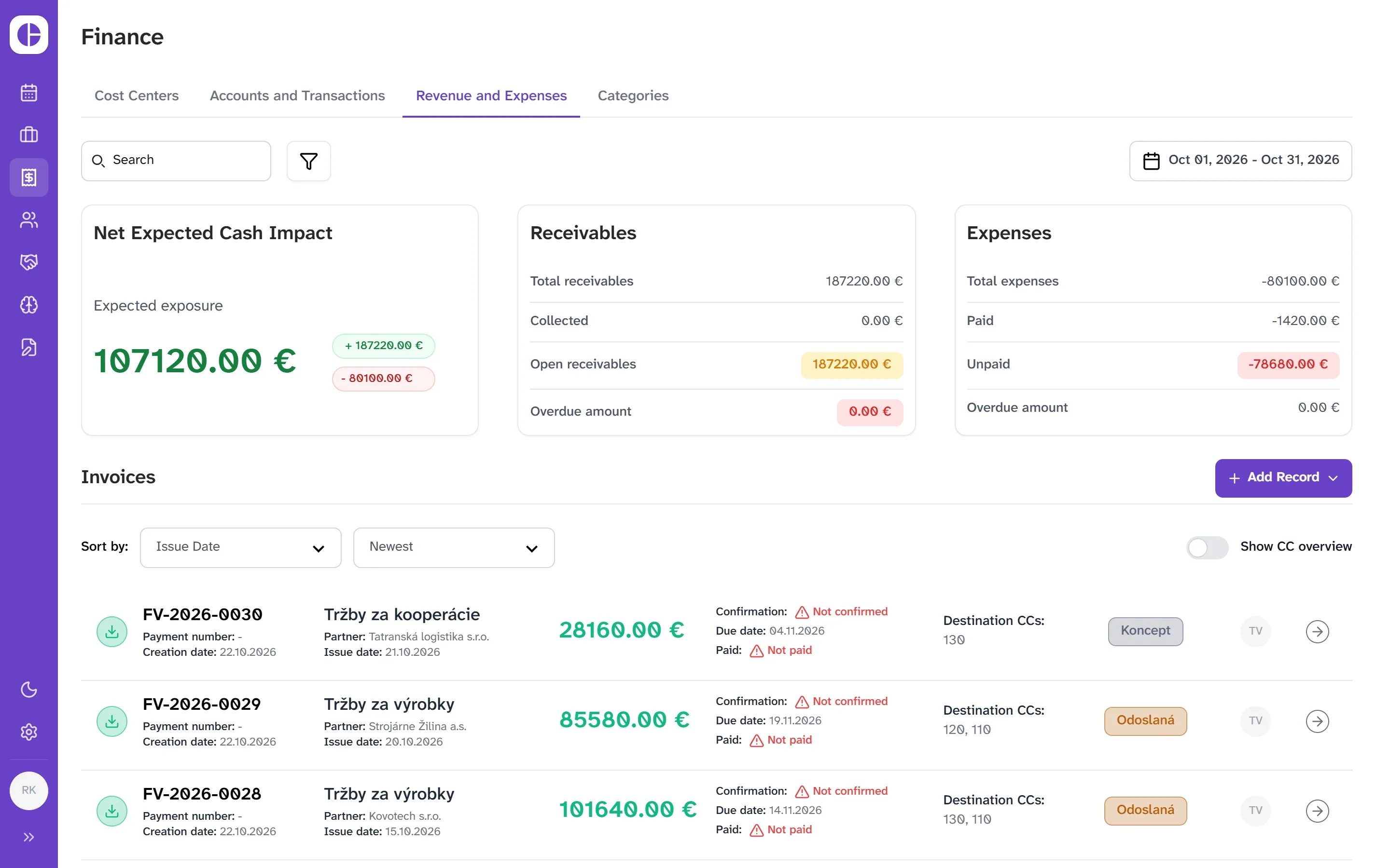 Income and expenses in core3: expected cash impact, receivables, expenses and invoices with their states.